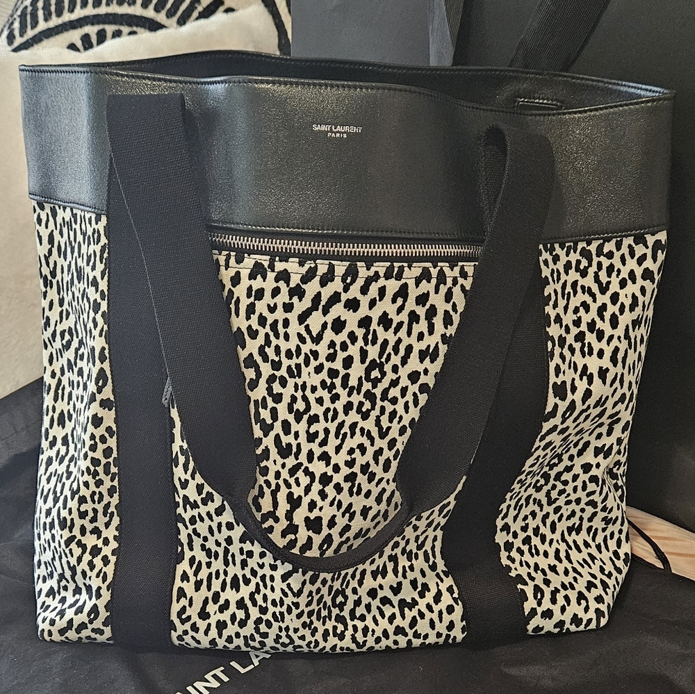 Saint Laurent Paris Olona Leopard Spotted Canvas Tote